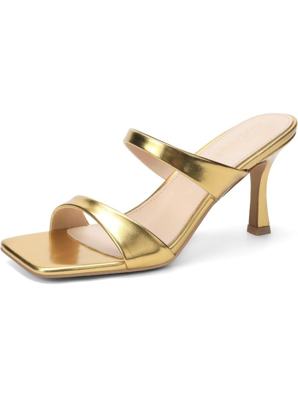Women's Gold Two Straps Kitten Stiletto Heel Square Open Toe Slip On Sandals